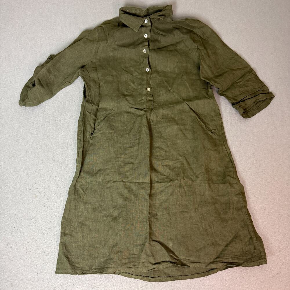 Elena Baldi Women L Olive Green 100% Linen Shirt Dress Italy Roll Tab Pockets